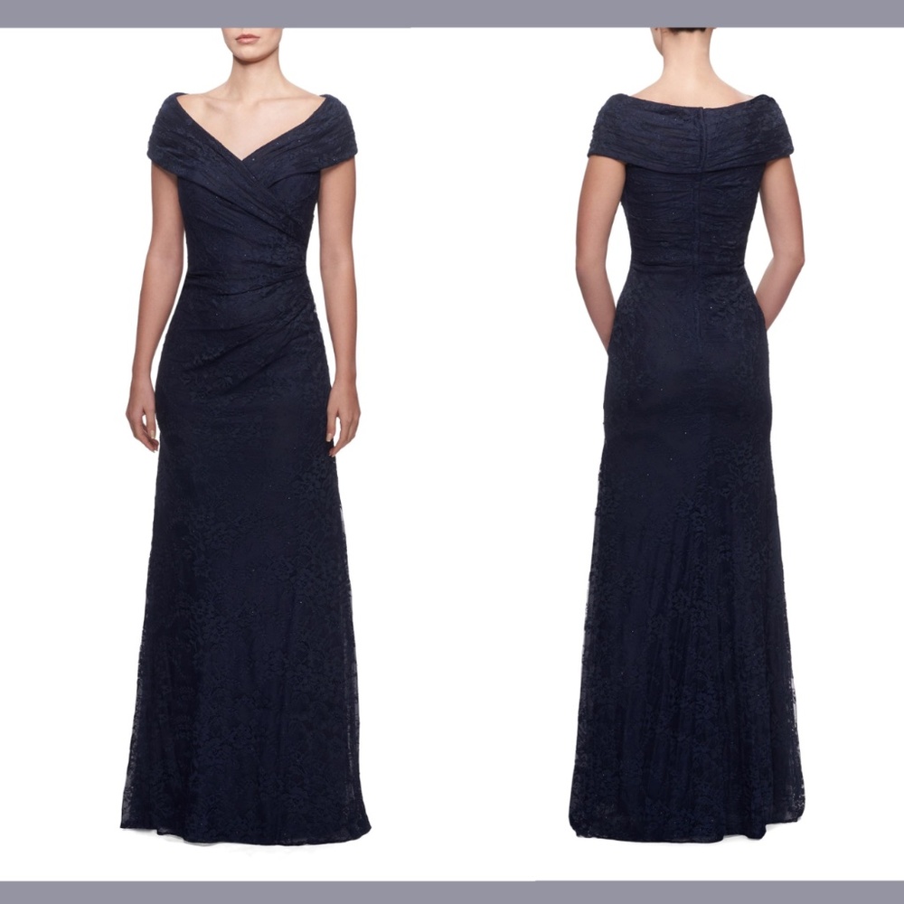 NEW La‎ Femme [ 8 ] Portrait Neck Sparkle Lace Gown in Navy Blue